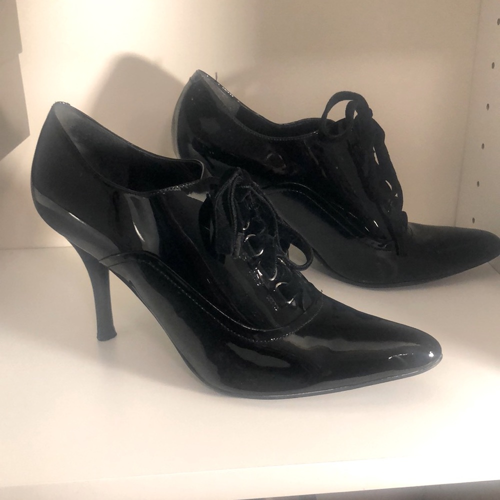 Black Patent Heels. Velour laced. Gently worn.
